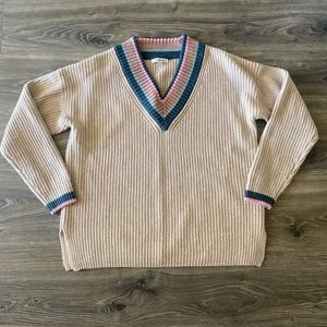 Madewell V-Neck Sweater in Tan with Pink and Green Accents